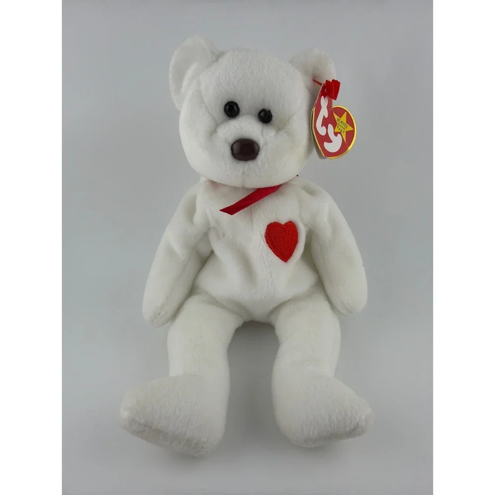 Ty Valentino Beanie Baby Bear Small White Red Heart Vintage Y2K‎ Retro Plush
